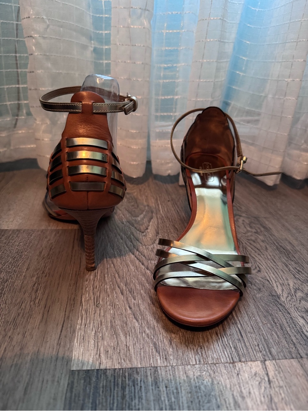 Women's Coach Brown Leather Ankle-Strap Heeled Sandals - Metallic Straps